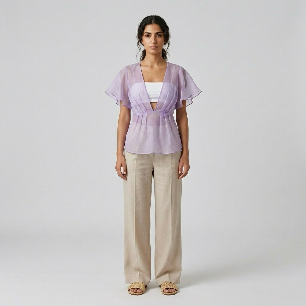 Flutter Sleeve Sheer Waist Blouse